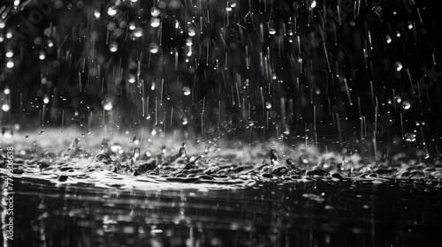 Rain on a black background. Raindrops falling against a backdrop of darkness, creating a serene ambiance.