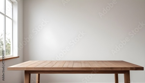 Empty wooden table in a clean, elegant modern indoor home interior 