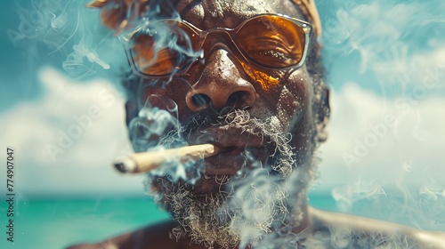 Photorealistic close up jamaican man smoking marijuana on ocean shore, enjoying dried herb