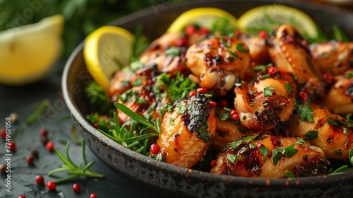 Tempting chicken wings adorned with zesty lemon and aromatic herbs, tantalizing the taste buds photo