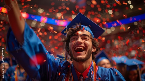 Graduates joyfully toss their caps skyward, celebrating their achievement with synchronized exuberance and unity photo