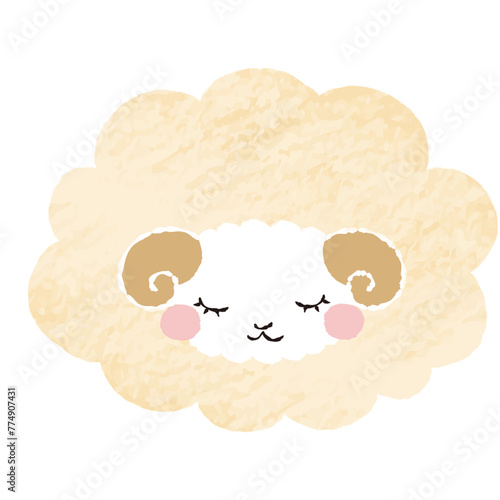 色鉛筆タッチのシンプルでかわいい目を閉じたモコモコの羊（正面）