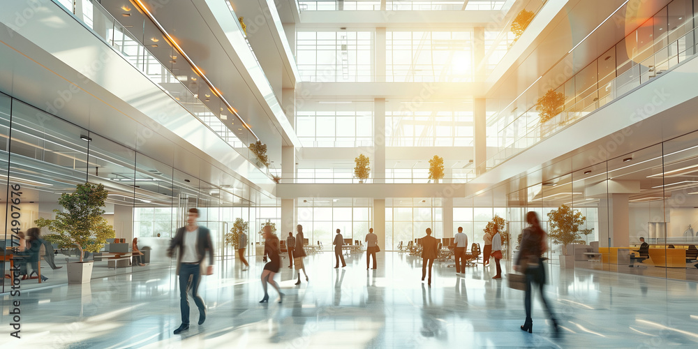 Bright business workplace with people in walking in blurred in the office