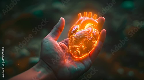 Maintaining the health of the heart muscle, a close-up of a hand holding a human heart illuminated in red, pumping blood throughout the body, following a healthy lifestyle