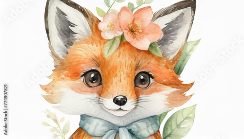watercolor forest cartoon cute head baby fox, white background