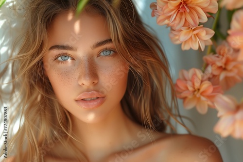 Radiant woman  long hair  light eyes  tanned skin  backdrop flower casting ethereal light on her