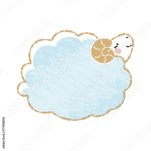 色鉛筆タッチのシンプルでかわいい目を閉じたモコモコの羊（横向き）