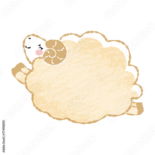 色鉛筆タッチのシンプルでかわいい目を閉じたモコモコの羊（横向き）