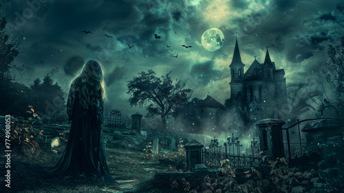scary halloween background with a haunted ghost girl on a graveyard photo
