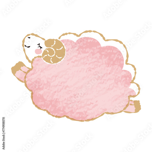 色鉛筆タッチのシンプルでかわいい目を閉じたモコモコの羊（横向き）