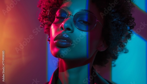Woman's Portrait with Striking Pink and Blue Lights