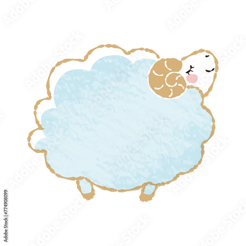 色鉛筆タッチのシンプルでかわいい目を閉じたモコモコの羊（横向き）