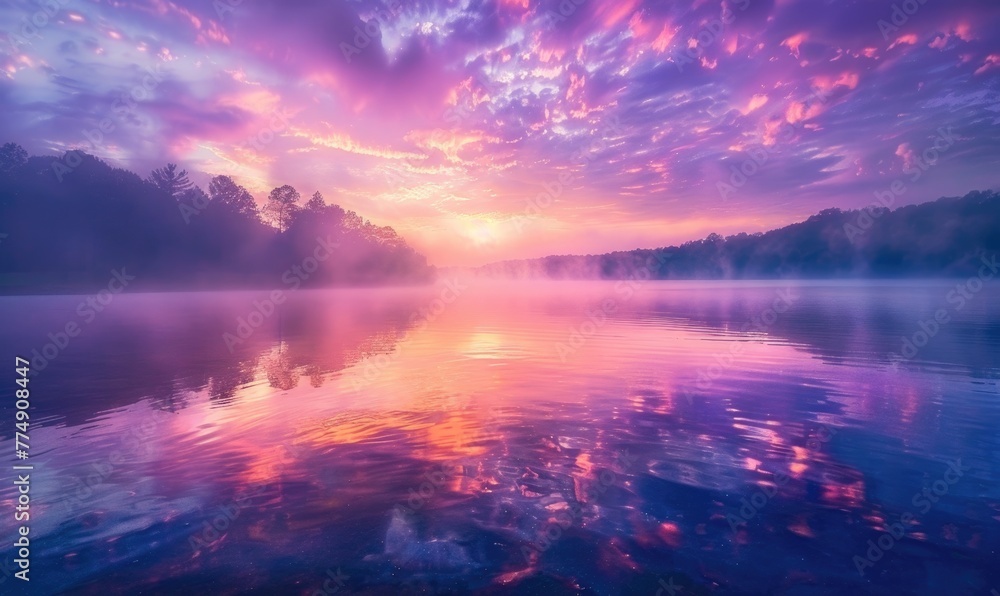 Bright sunrise reflected in water, pink and violet twilight, nature background Bright sunrise reflected in water, pink and violet twilight, nature background