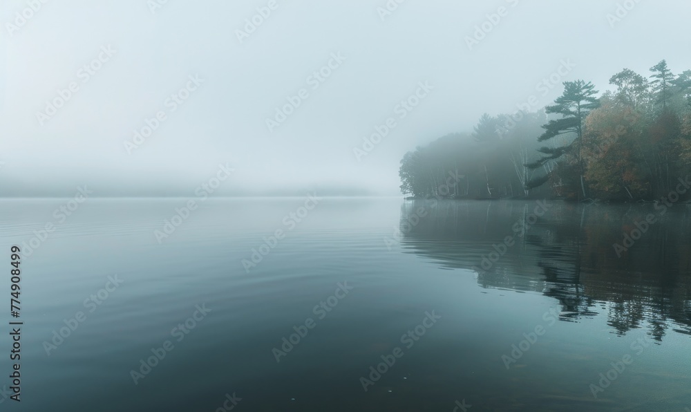 A misty morning at the lake during the early days of autumn A misty morning at the lake during the early days of autumn