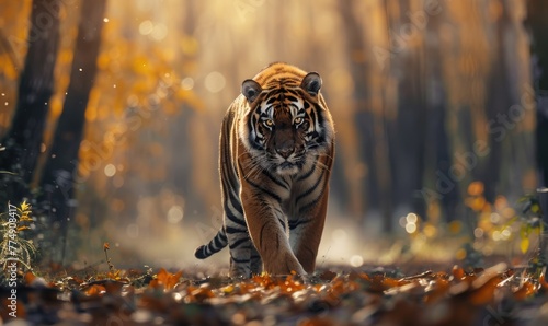 A Siberian tiger prowling through a sunlit clearing in the forest
