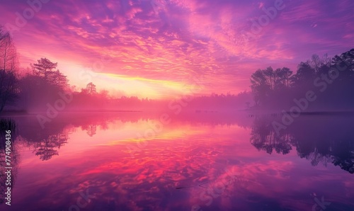 Bright sunrise reflected in water, pink and violet twilight, nature background