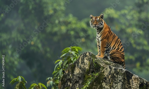 A Malayan tiger perched on a rocky ledge photo