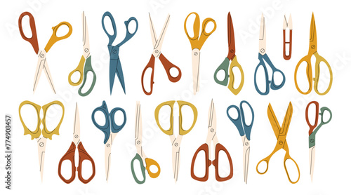Types of scissor vector set isolated on white background. Set of diferent colored scissors vector. Scissor icon in cartoon and flat style. Open, closed cutting or nippers. Vector illustration.