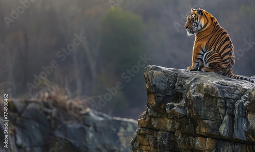 A Malayan tiger perched on a rocky ledge