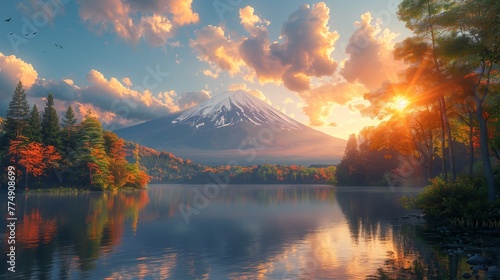 Volcanic eruption paints forest and lake with vibrant hues during the serene sunset hour.