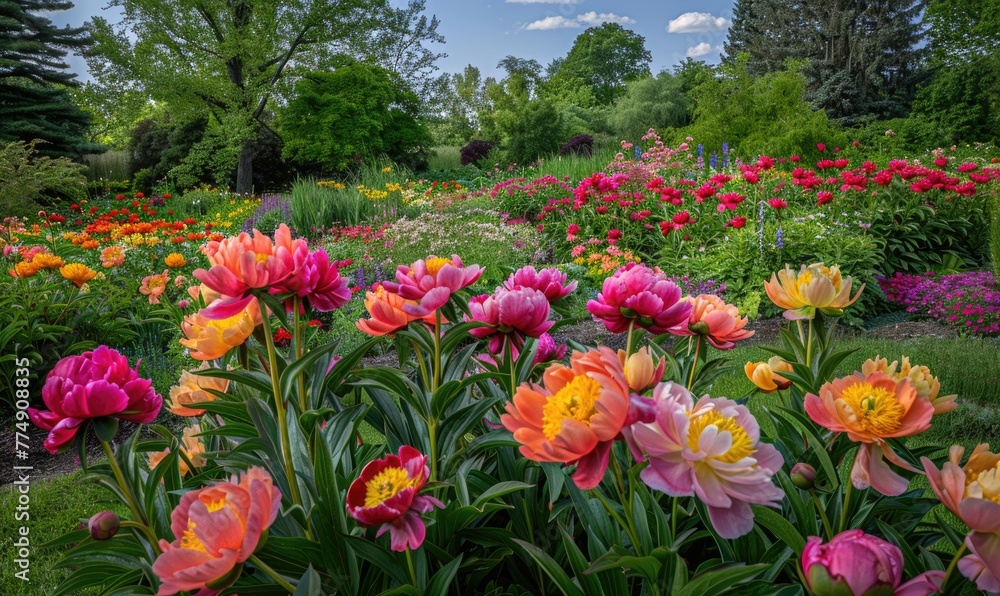 A peony garden with various colors and varieties in full bloom