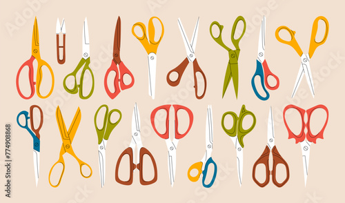 Set of open and closed scissors. Equipment for sewing, cutting, grooming, creativity. Colorful scissors of various sizes and shapes. Vector stock illustration on isolated white background.