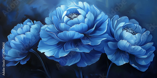 Oil painted blue flowers poppy zinnia blue background photo