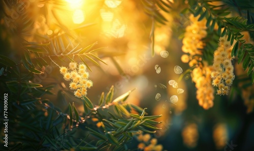 Closeup view of yellow mimosa flower branch with bokeh background