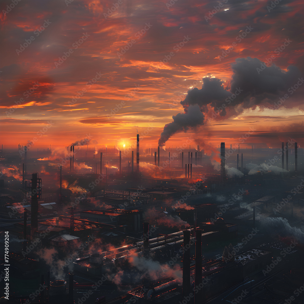 Stark Contrast: Industrial Landscape Under a Fiery Sunset