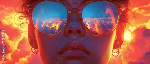 Woman wearing sunglasses in front of sunset, front, sunset, one person