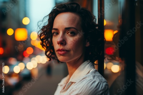 Portrait of a beautiful young woman with curly hair in a white shirt on the background of the night city. © Iigo