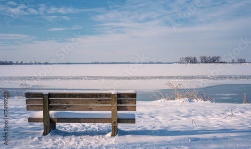 A snow-covered bench overlooking the frozen expanse of a lake