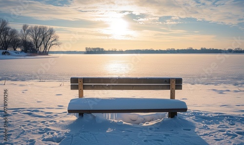 A snow-covered bench overlooking the frozen expanse of a lake