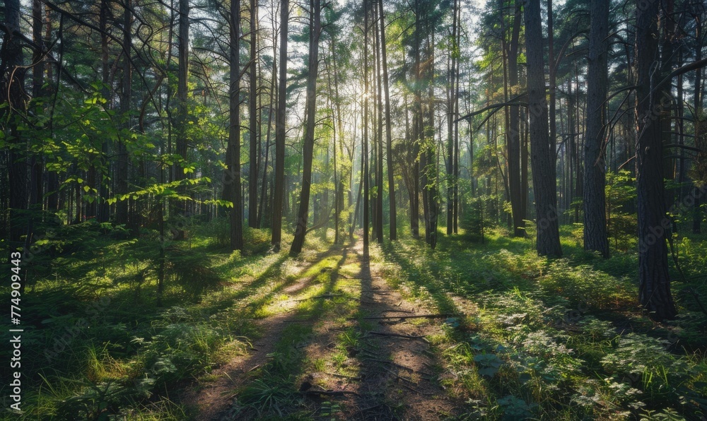 Obraz premium A tranquil pine forest, with sunlight filtering through the dense canopy