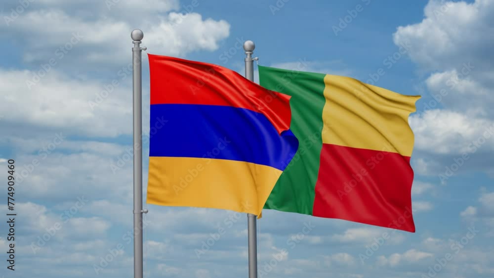 Armenia and Benin two flags waving together, looped video Armenia and Benin two flags waving together, looped video