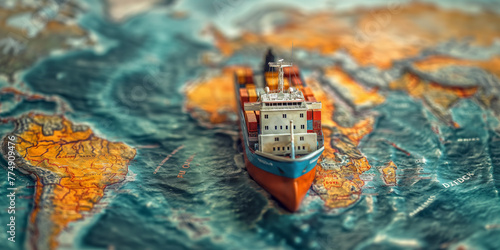 Containerschiffmodell auf Weltkarte photo
