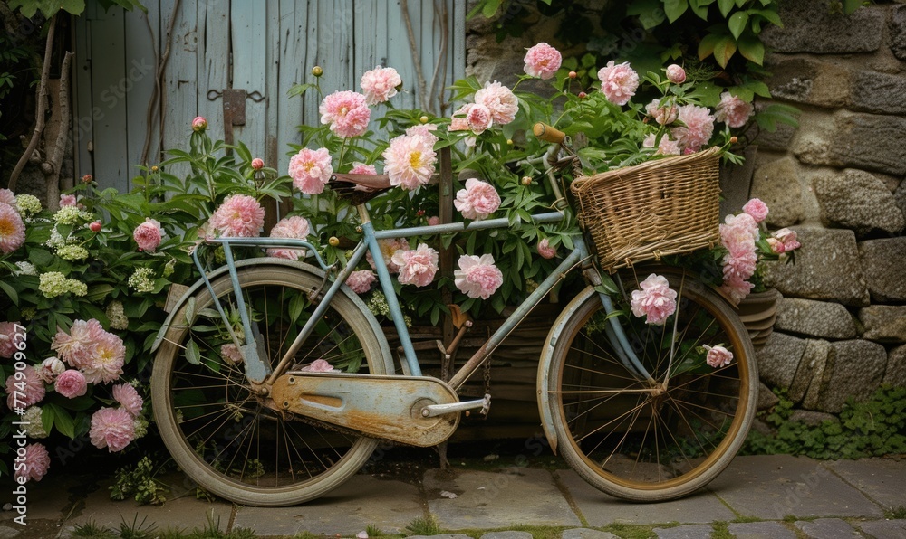 A vintage bicycle adorned with peony flowers in a basket