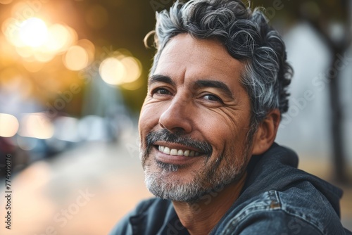 Portrait of a smiling middle-aged man looking at the camera outdoors