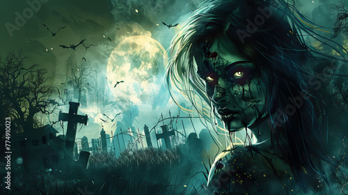 scary halloween background with a zombie girl on a graveyard