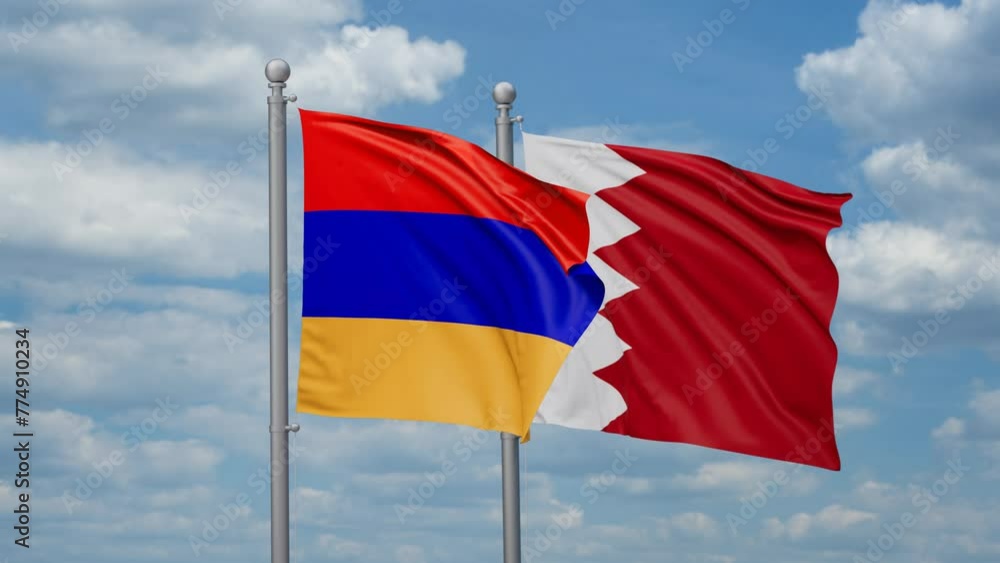Bahrain and Armenia two flags waving together, looped video, two country relations concept Bahrain and Armenia two flags waving together, looped video, two country relations concept