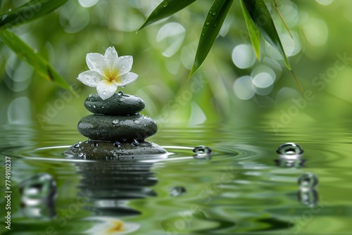 a stack of stones with a flower on top of it in water