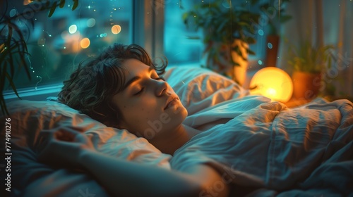 Struggling sleeper seeks solace in moonlit bedroom, gazing out window, yearning for restful slumber photo