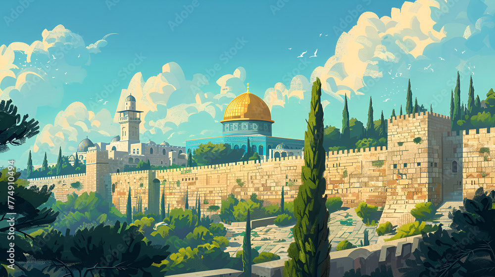 Naklejka premium Jerusalem wall blending, Al-Aqsa embraced by the ancient city walls, Old City surrounding it, a mix of history and contemporary life, Generative Ai