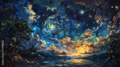 An enchanting depiction of a starry night sky, where constellations come to life in a celestial dance, portrayed with oil paints.