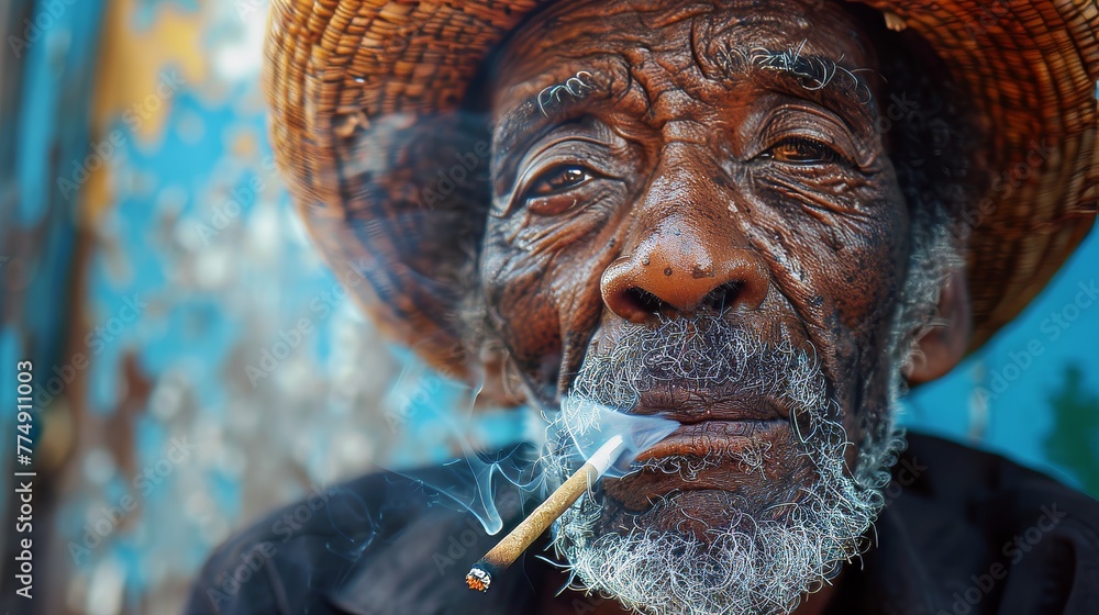 Realistic portrayal of jamaican elder in rastafarian hat smoking marijuana in urban slum - obrazy, fototapety, plakaty 