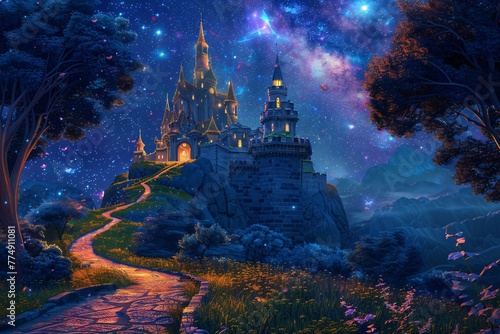 a castle on a hill with stars and trees © White