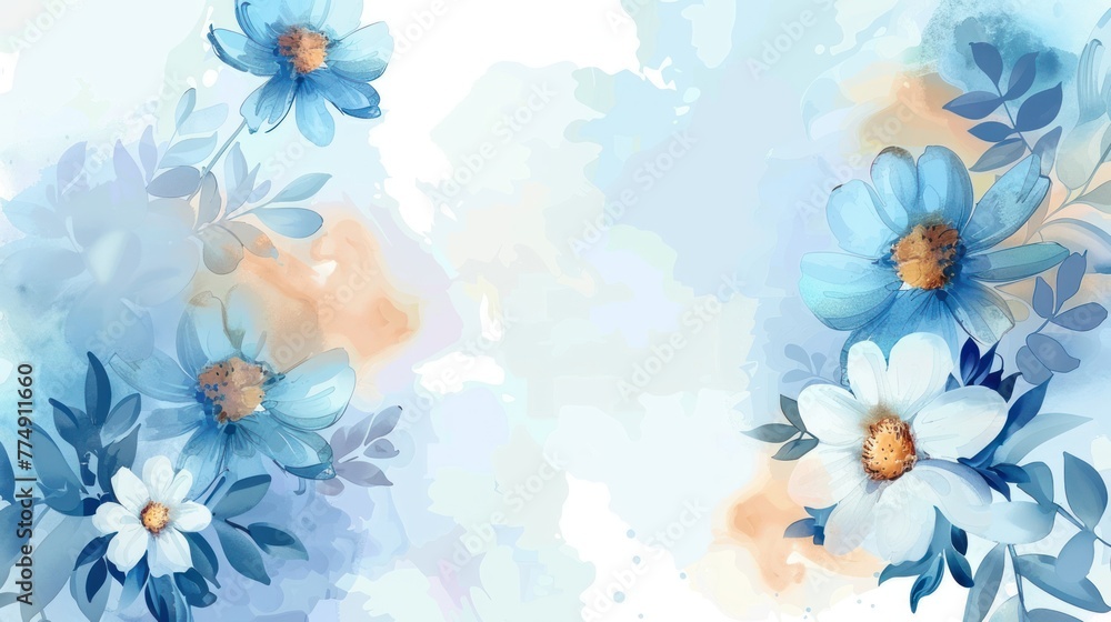 Cyan orange flower colors with watercolor style for invitation wedding card background. AI generated