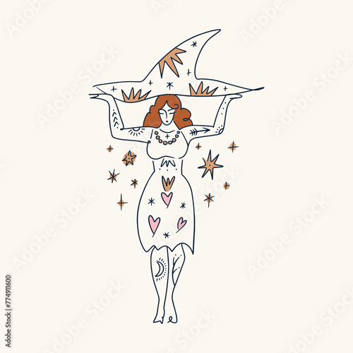 Vector cute redhead witch silhouette boho fairytale celestial ornate woman. Isolated sketchy groovy style character