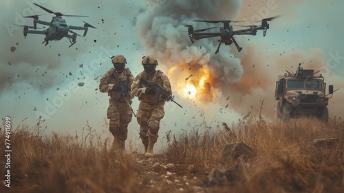 Armed soldiers on the battlefield. Everything explodes and drones fly around. Military actions