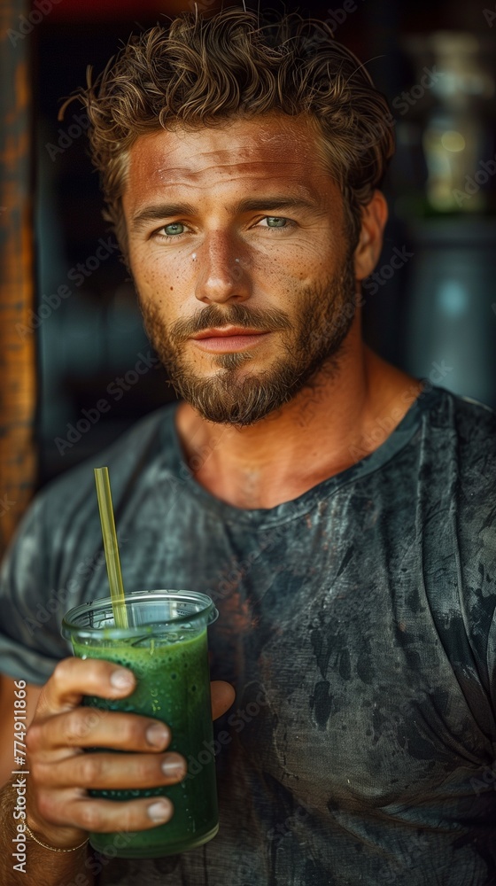 Muscular bodybuilder sipping green smoothie through straw, showcasing strength and health in every gulp Muscular bodybuilder sipping green smoothie through straw, showcasing strength and health in every gulp